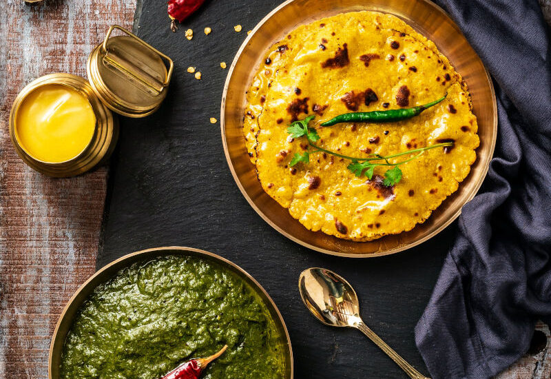 Mustard and greens with makai roti, Punjabi pind style sarso ka saag and makai ki roti, palak saag, food photography