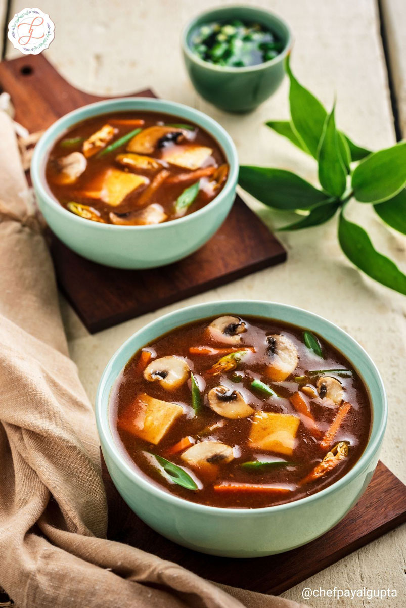 Hot and sour soup, spicy and tangy Indo-chinese soup, food photography.