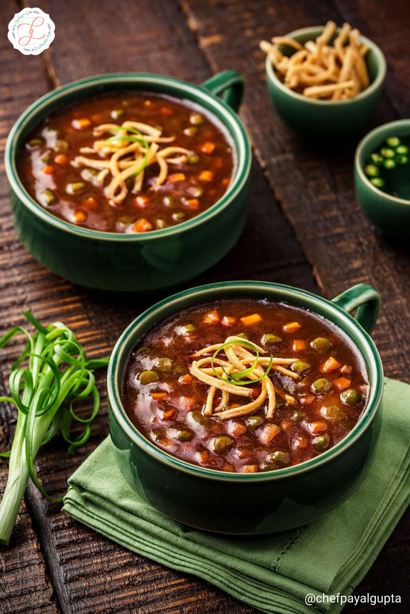 Hot manchow soup, sweet and spicy indo-chinese soup, food photography.
