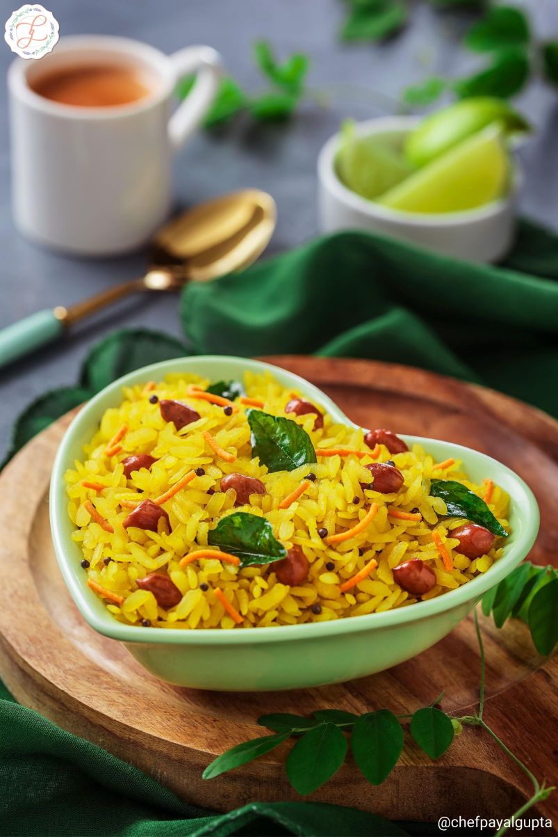 Healthy beaten rice recipe, masala poha, traditional snacks, food photography