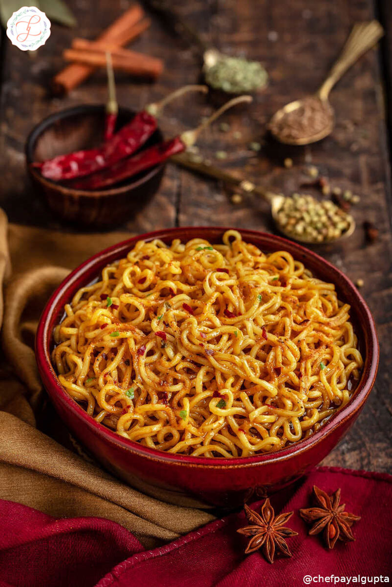 food photography, masala noodles with a twist, tasty masala noodles, innovative masala noodles